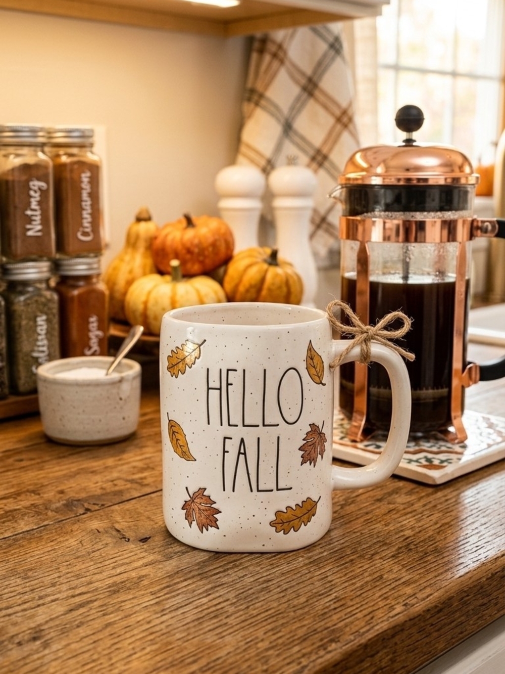 Rae Dunn White 'Hello Fall' Ceramic Mug with Brown Leaf Accents